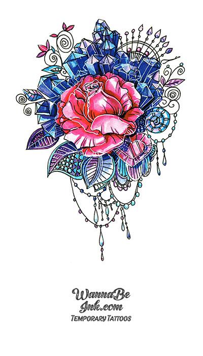 Pink Rose and Blue Jewels Best Temporary Tattoos