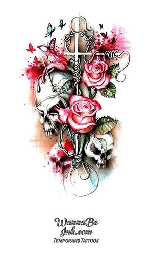 Pink Roses and Skulls with Cross Best Temporary Tattoos