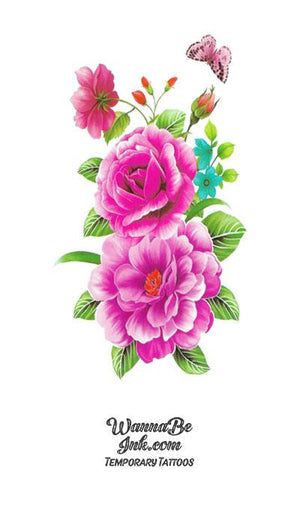 Pink Roses Blue Blooms and Pink Butterfly Flower Temporary Tattoos