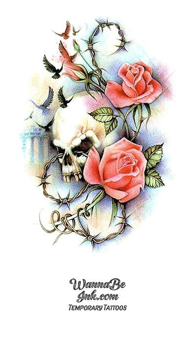 Pink Roses Flying Ravens and Skull Best Temporary tattoos