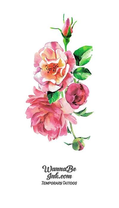 Pink Roses Full Bloom and Buds Flower Temporary Tattoos