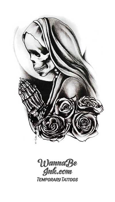 Praying Skeleton And Roses Best Temporary Tattoos| WannaBeInk.com