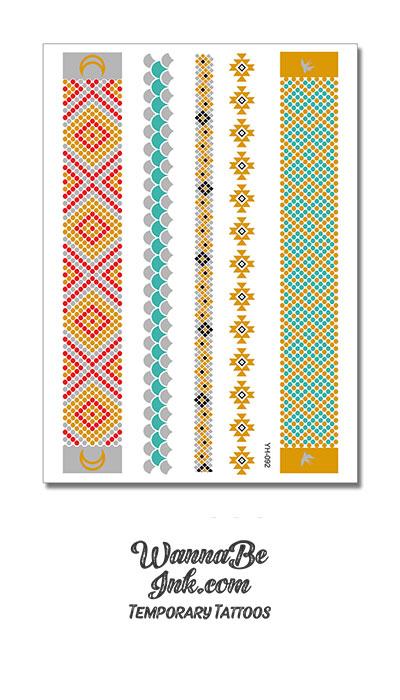 Pueblo Pattern in Green and Gold and Pink Metallic Temporary Tattoos