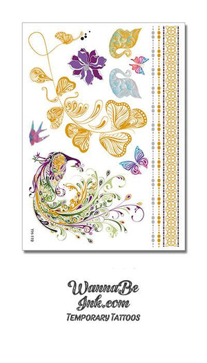 Purple and Gold Peacock and Swallow with Butterflies Metallic Temporary Tattoos