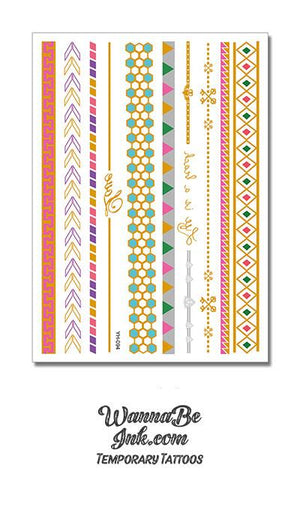 Purple and Pink Geometric Patterns in Narrow Bands Metallic Temporary Tattoos