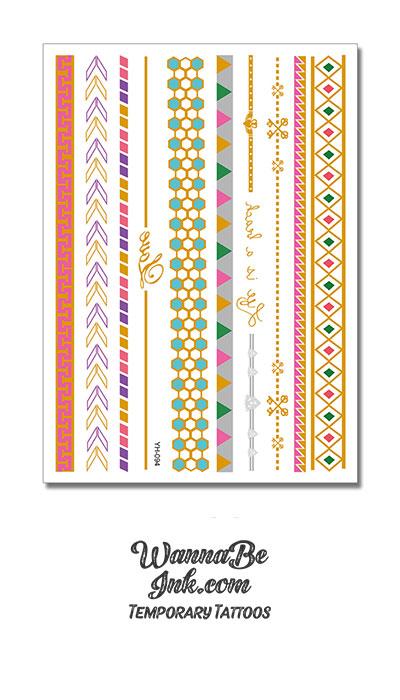 Purple and Pink Geometric Patterns in Narrow Bands Metallic Temporary Tattoos