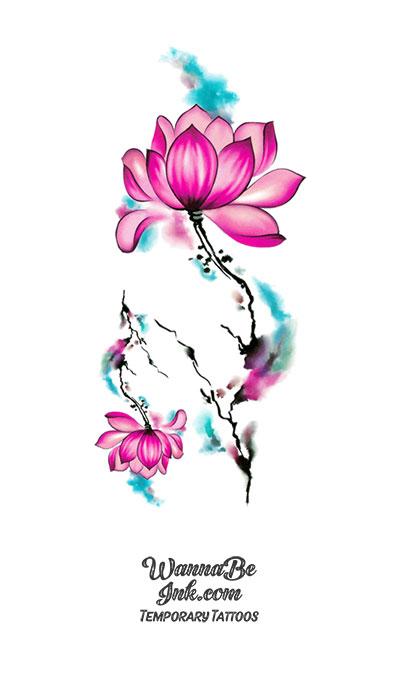 Purple Lotus and Blue Sky Flower Temporary Tattoos