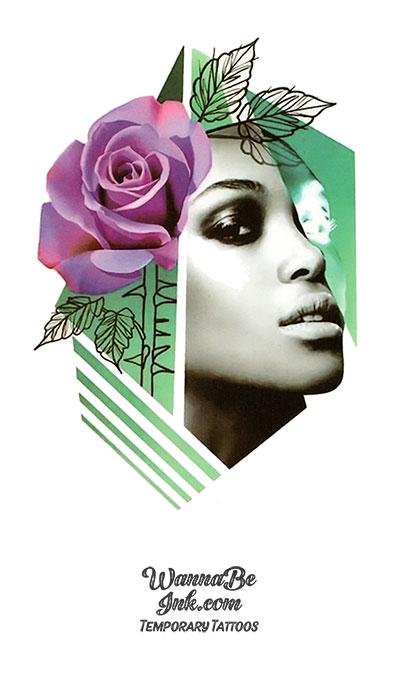 Purple Rose and face In Green Prism Best Temporary Tattoos