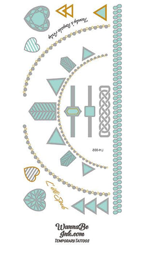 Pyramids and Hearts in Turquoise and Silver Metallic Temporary Tattoos