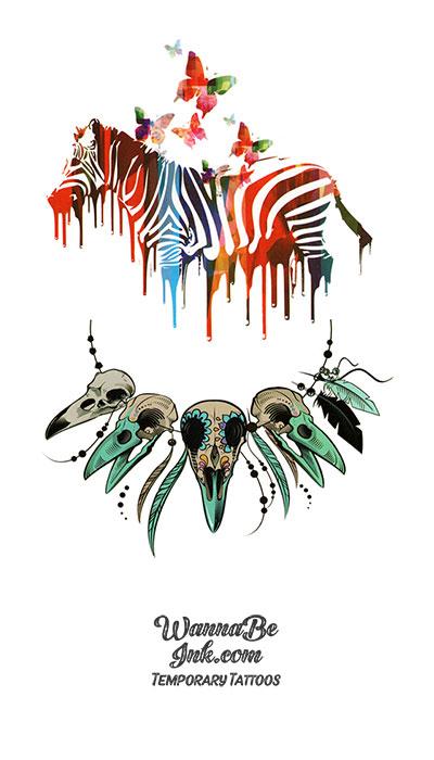 Rainbow Zebra and Bird Skulls Best Temporary Tattoos