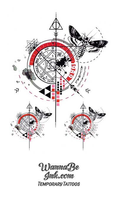 Red and Black Compasses And Moths Best Temporary Tattoos