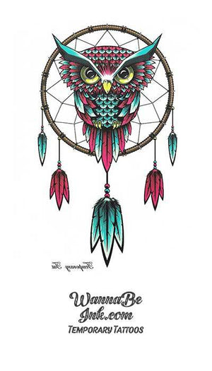 Red And Blue Baby Owl In Dream Catcher Best Temporary Tattoos