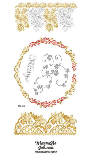 Red and Gold Wreath with Flowery Decor in Gold temporary Tattoos