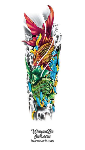 Red and Green Koi Fish with Blue Lotus Temporary Sleeve Tattoos