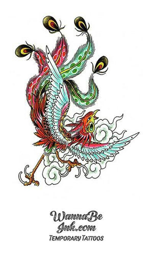 Red and Green Phoenix Bird Temporary Tattoos