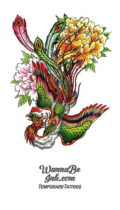 Red and Green Phoenix With Carnations Best Temporary Tattoos