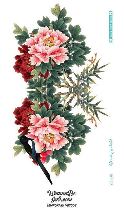 Red and Pink Carnation Blossoms with Magpie Temporary Chest Tattoos