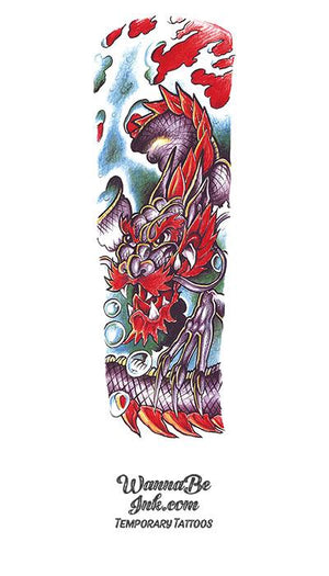 Red And Purple Asian Dragon In Clouds Temporary Sleeve Tattoos