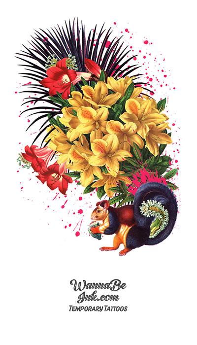 Red and Yellow Flowers with Squirrel Best Temporary Tattoos