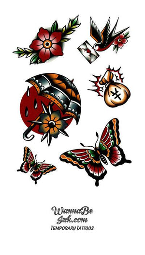 Red Butterfly Flowers Swallow and Black Umbrella Best Temporary tattoos