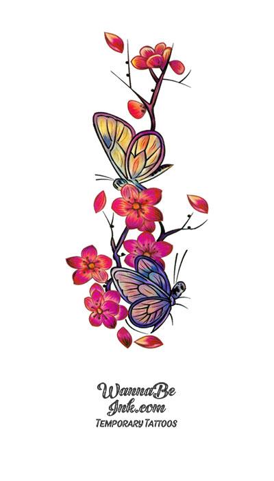 Red Cherry Blossoms and Butterflys Flower Temporary Tattoos