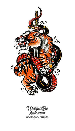 Red Dragon and TIger Wrapped Around Dagger Best Temporary Tattoos