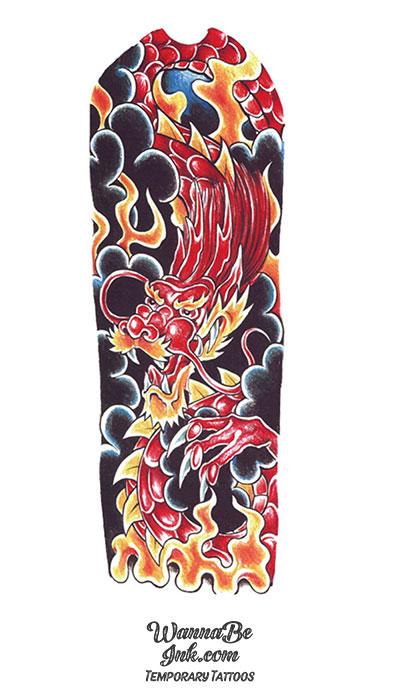 Red Dragon with Black Smoke & Yellow Flames Temporary Sleeve Tattoos