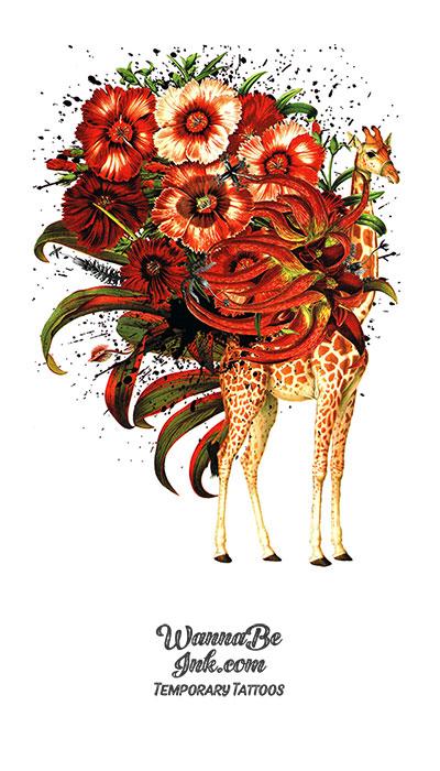 Red Flower Blossoms Wrapping Giraffe Best Temporary Tattoos