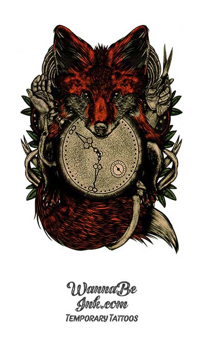 Red Fox Biting Clock Best Temporary Tattoos