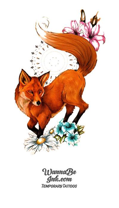 Red Fox Blue and Pink Blossoms Best Temporary Tattoos