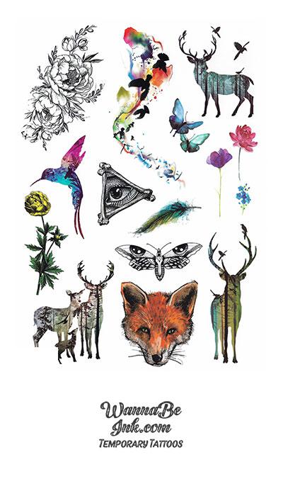 Red Fox Hummingbird Deer and Deathshead Moth Best Temporary Tattoos
