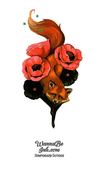 Red Fox Sneaking Through Pink Roses Best Temporary Tattoos