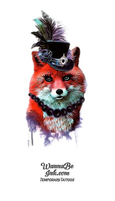 Red Fox Wearing Black Top Hat and Necklace Best Temporary Tattoos