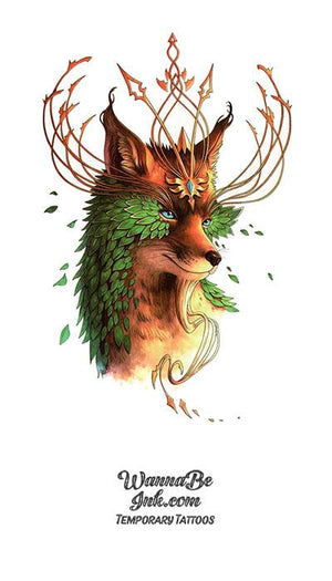 Red Fox With Green Leaves and Branch Crown Best Temporary Tattoos
