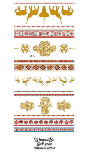 Red Geometric Patterns with Storks and Elephants of Gold Temporary Tattoos