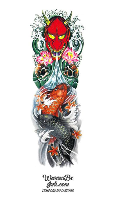 Red Japanese Devil Skulls with Orange and Black Koi Fish Temporary Sleeve Tattoos