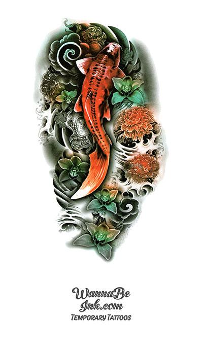 Red Koi Fish In Flower Pond Best Temporary Tattoos