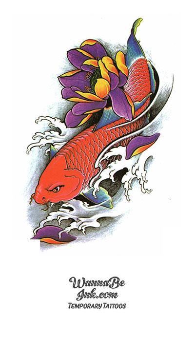 Red Koi Fish Purple Lotus Flower Best Temporary Tattoos