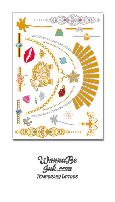 Red Lips Gold Lamb Gold Fan and Star Necklace and Palm Trees Metallic Temporary Tattoos