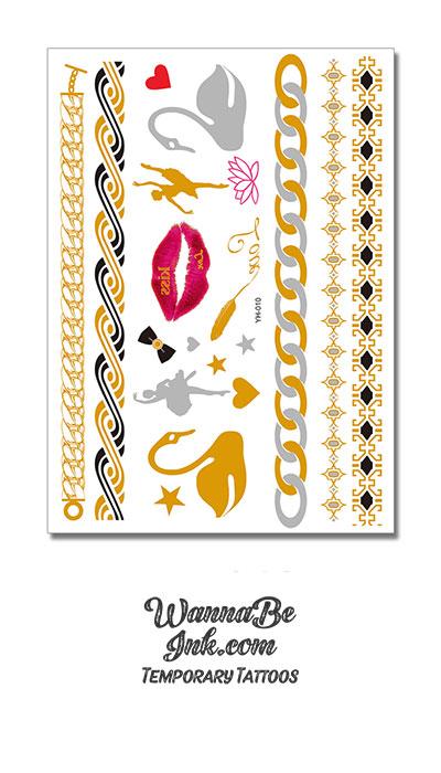 Red Lips Silver and Gold Swan and Dancers with Gold Braid Metallic Temporary Tattoos