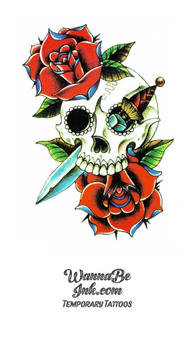 Red Roses and Dagger Through Skull Best Temporary Tattoos