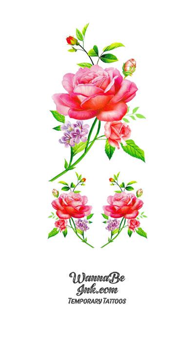 Red Roses and Green Leaves Flower Temporary Tattoos