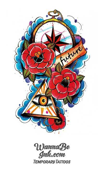 Red Roses Compass and Pyramid with All Seeing Eye Best Temporary Tattoos