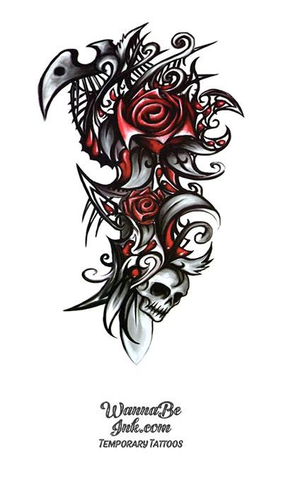 Red Roses Skull and Jagged Leaves Best temporary Tattoos