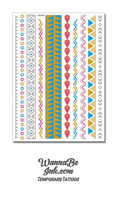 Roman Geometric Patterns in Gold Blue Pink and Silver Metallic Temporary Tattoos