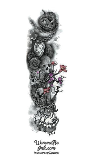 Roses Clock Skull Chain Tree Goth Temporary Sleeve Tattoos