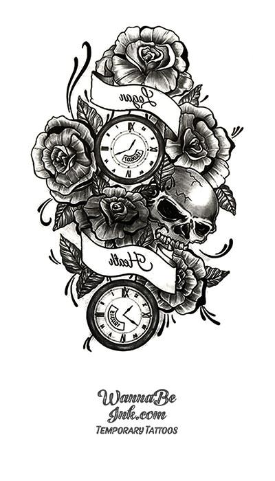 Roses Clocks and Skull With Banner Best Temporary Tattoos