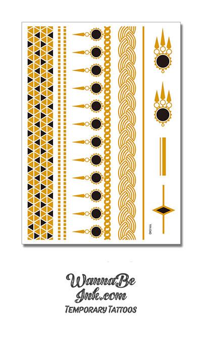 Round Onyx Gold Weave and Diamonds Pattern Metallic temporary Tattoos
