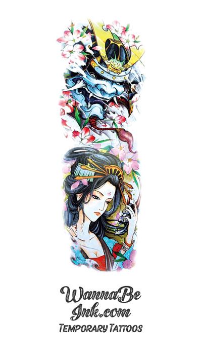 Samurai Kabuki Demon with Asian Princess and Lotus Flowers Temporary Sleeve Tattoos