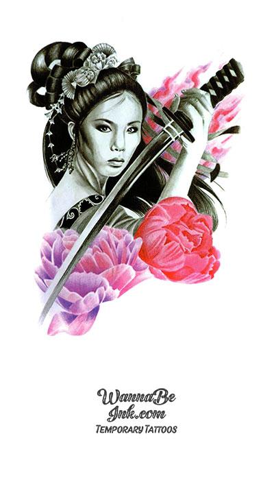 Samurai Woman and Pink Flowers Best Temporary Tattoos